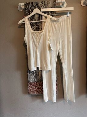 Open Edit Women's Cream Button-Front Ribbed Sleep Tank with matching pants